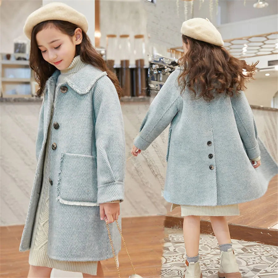Children Girls Coats Outerwear Winter Girls Jackets Woolen Long Trench Teenagers Warm Clothes Kids Outfits For  8 10 12 14 Years