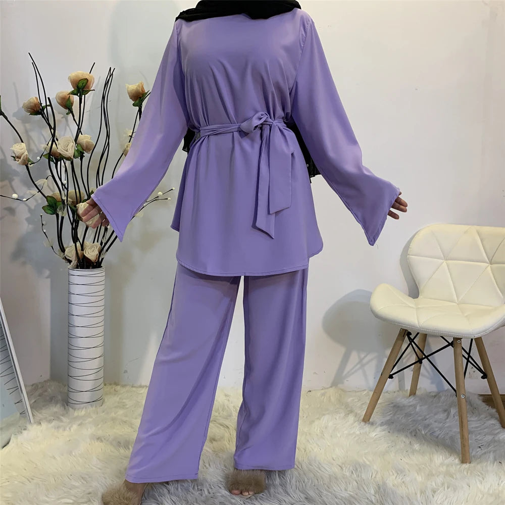 Abaya Hijab Two-piece Muslim Sets Dress Caftan Kaftans Islam Clothing 2 Piece Set Women Loose Wide Leg Pants