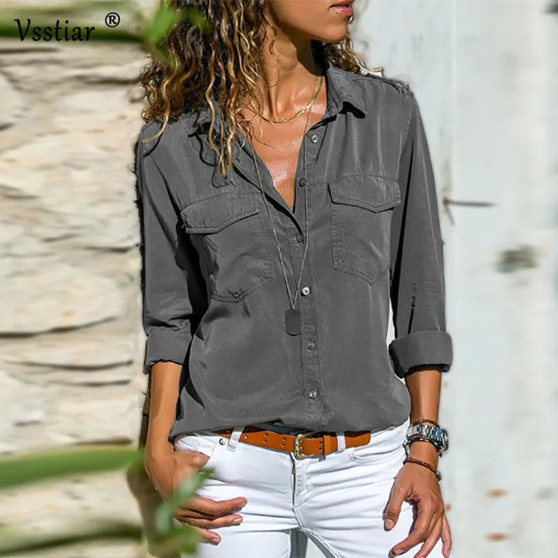 Women Blouse Shirts  Long Sleeve Tops Casual Turn-down Collar Pockets Slim Solid Female Blouses