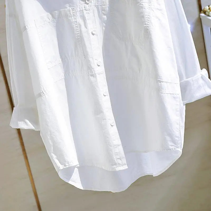 Shirts Womens  Korean Fashionable Double Pocket Long Sleeve Cotton White Tops Female  Boy Friend Style Trend Blouse