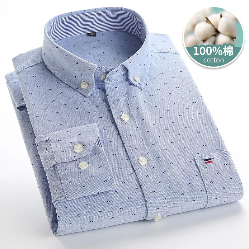 Mens Striped Shirts 100% Cotton Oxford Long Sleeve Plaid Solid Color Casual Shirts for Business Men Daily Use