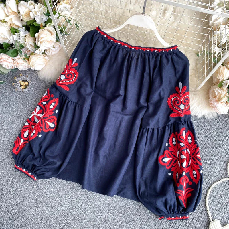 Women's Retro Blouse National Style Embroidered Lace-Up Tassel V-Neck Lantern Sleeve Tops Loose All-Match Female Blusa