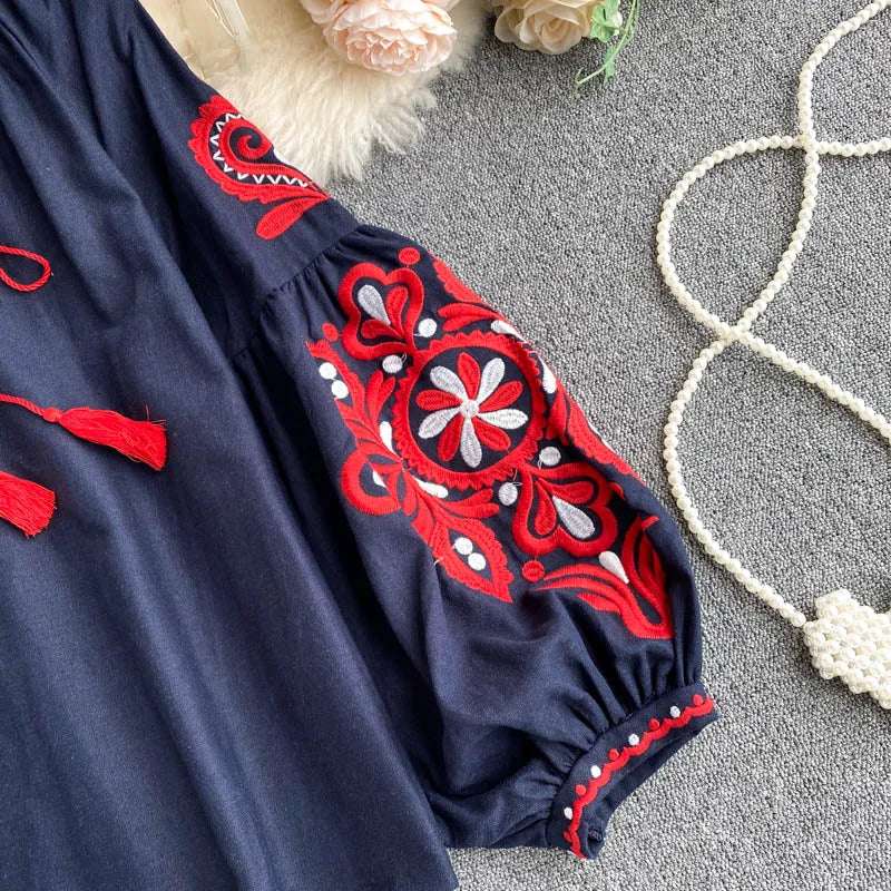 Women's Retro Blouse National Style Embroidered Lace-Up Tassel V-Neck Lantern Sleeve Tops Loose All-Match Female Blusa