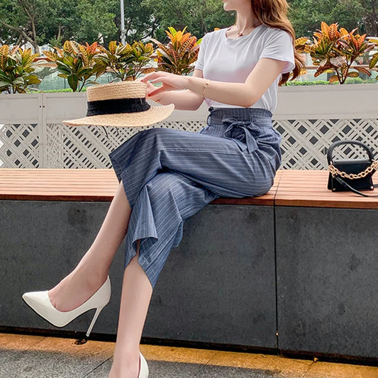 Wide Leg Pants Elastic High Waist Woman Plaid Striped Bottom Capris Pant Summer Wear Loose Stripe Bow Tie Women Cropped Trousers