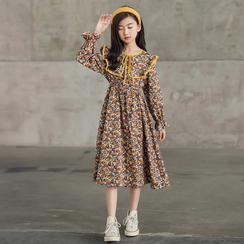 Girls Dress Floral Printed Long Sleeve Spring Autumn Cotton Midi Casual Teen Dress Kids Clothes Robe