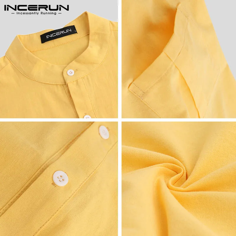 Summer Casual Men Shirts Stand Collar Solid Cotton Blouse Short Sleeve Streetwear Brand Shirts Harajuku Camisas Hombre