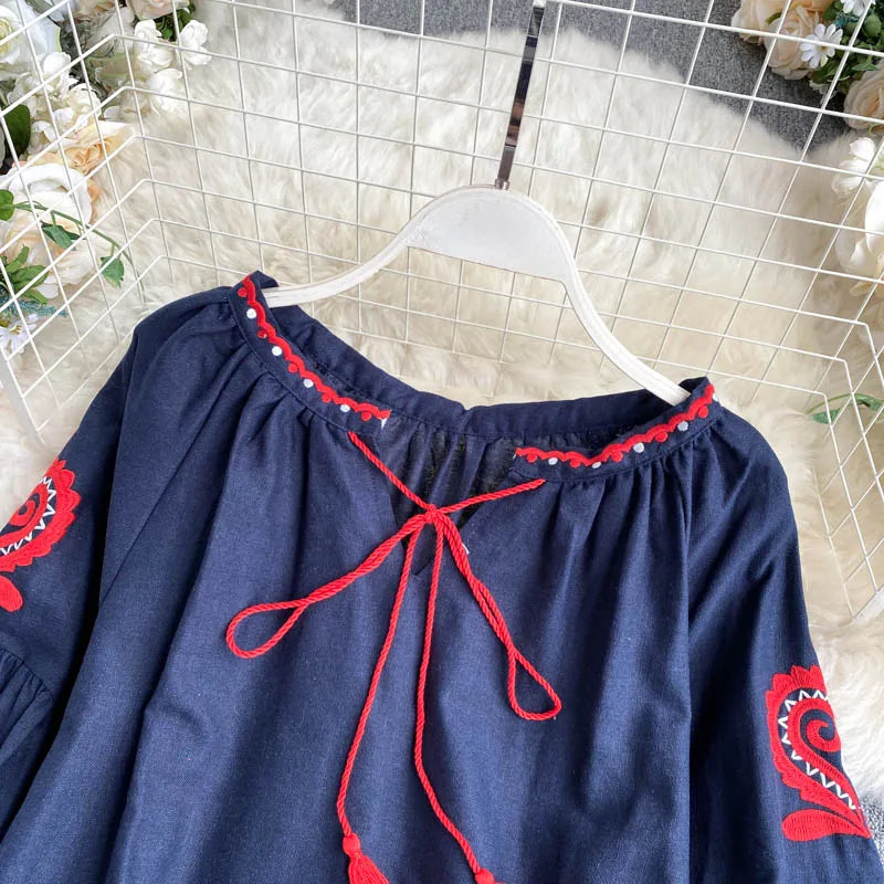 Women's Retro Blouse National Style Embroidered Lace-Up Tassel V-Neck Lantern Sleeve Tops Loose All-Match Female Blusa
