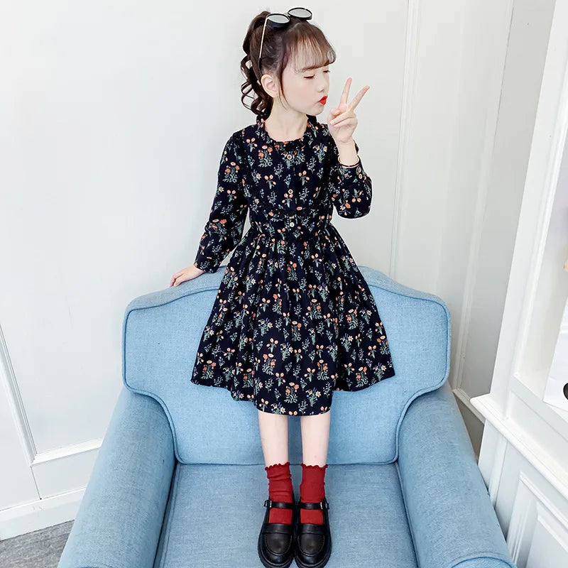 Cotton Baby Girls Dresses Spring Autumn Long Sleeve Floral Print Kids Clothes for Teens Outfits Vestidos