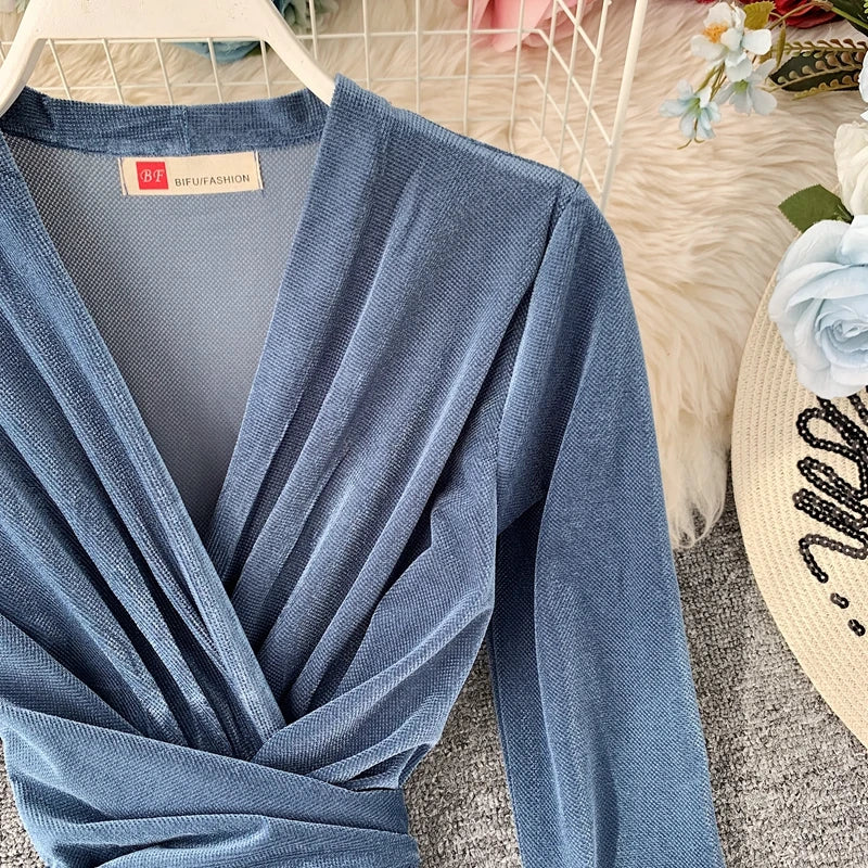 Vintage Long Sleeve V-Neck Bandage Dresses High Waist Elegant Black Party Dress Spring New Women Velvet Dress