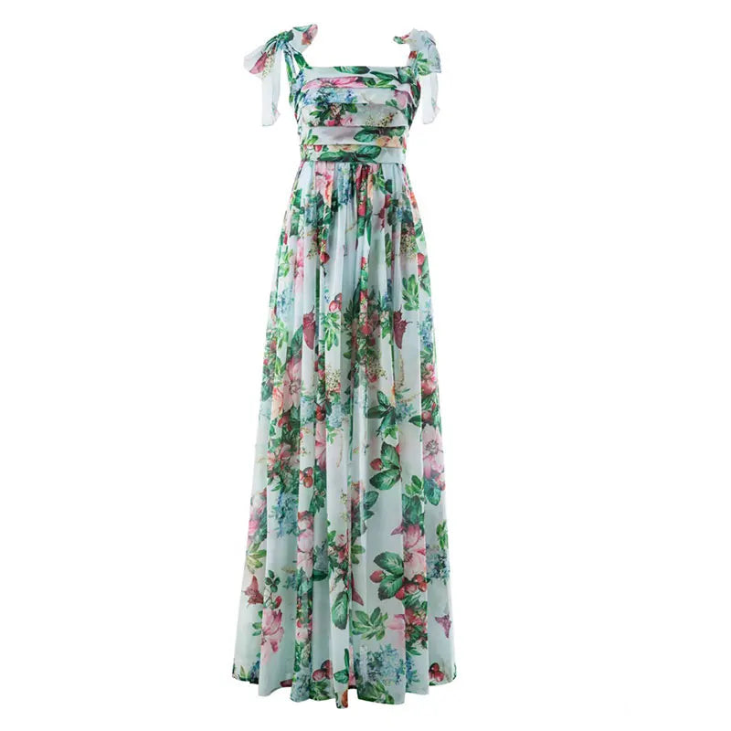 Sleeveless Party Dresses Autumn Female Chic Club Evening Vestidos Women Elegant Backless Flower Print Maxi Dress Square Neck