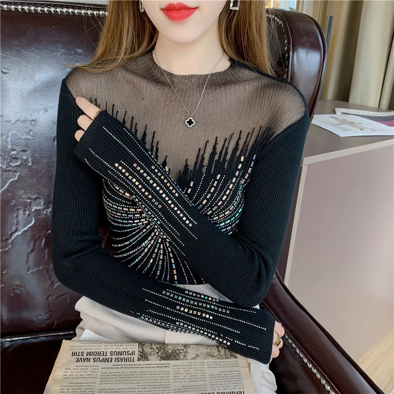 Ladies Mesh Stitching Nail Bead Pullover Sweater Women Clothing Girls  Autumn Casual Knitwear Female Woman OL Sweaters