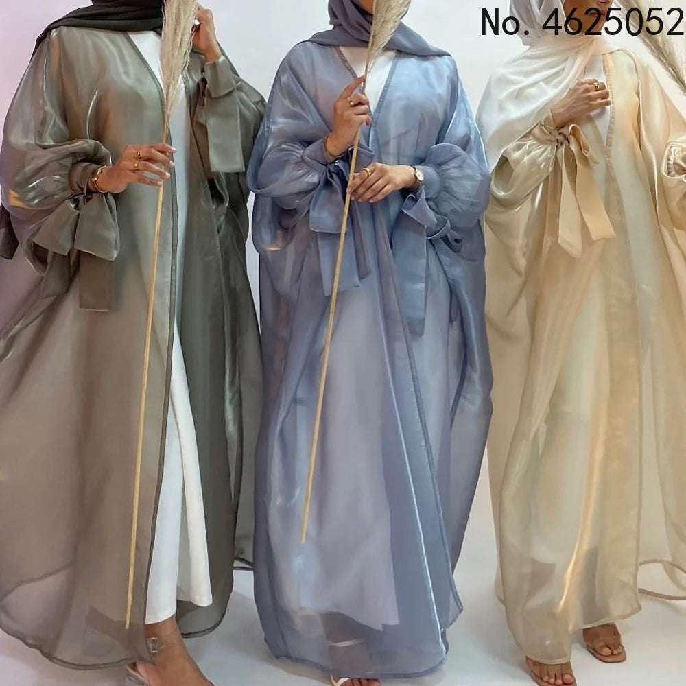 Abaya Puff Sleeves Dress Silky Kaftans for Women Robe Kimono Islam Abayas Femme Musulmane