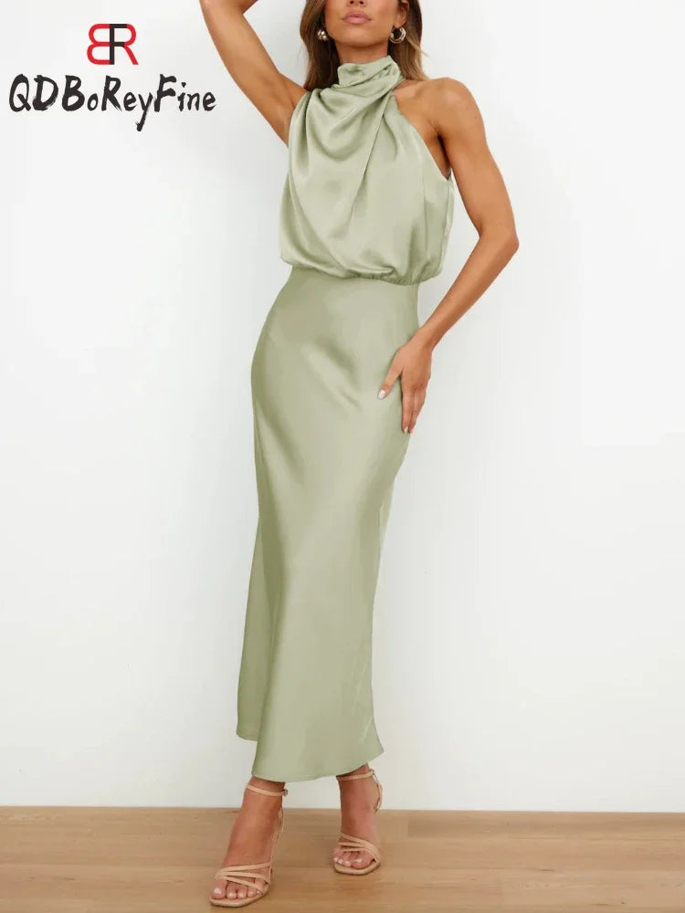 Satin Silk Women Dresses Sexy Evening Party Sleeveless Off Shoulder Bodycon Elegant Maxi Dresses for Women  Summer Wedding