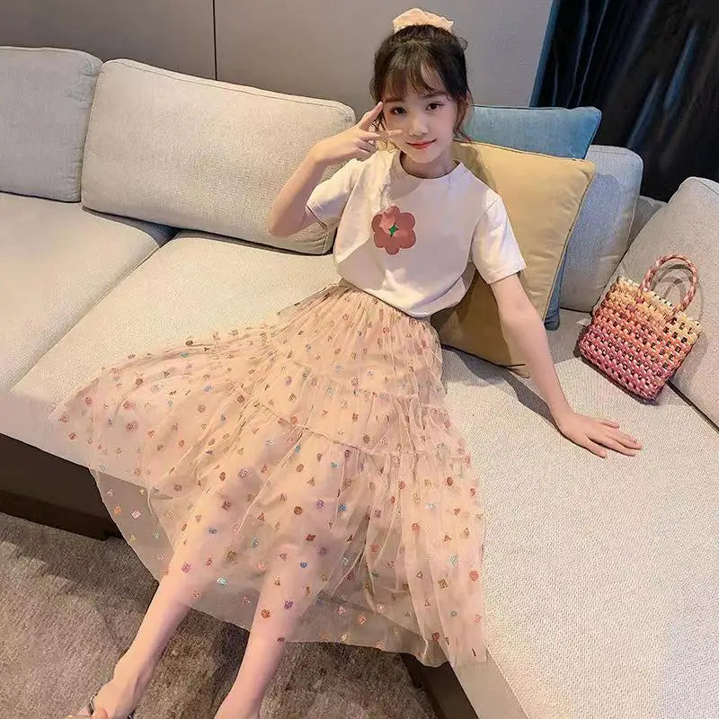 Fashion Girls Dress Summer Kids T-shirt + Dress 2PCS School Casual Children Short Sleeve Dresses For Girl Teen