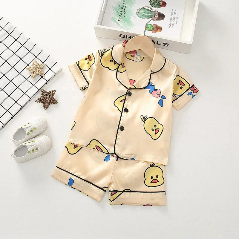 Kids Ice Silk Pajama Set Summer Baby Boys Silk Satin Cardigan Short Sleeve+Shorts 2Pcs Sets Children Casual Home Sleepwear