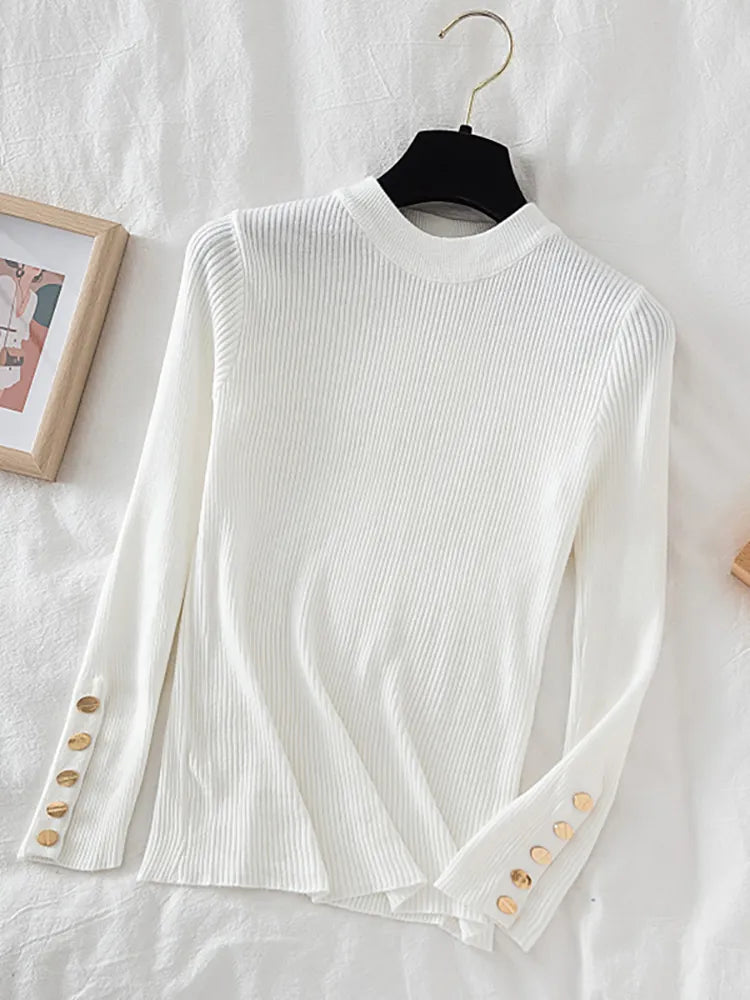 women thick sweater pullovers khaki casual autumn winter button o-neck chic sweater female slim knit top soft jumper tops
