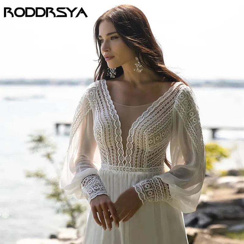 Wedding Dresses For Women Chiffon Puffy Sleeve  Elegant Lace Bridal Dress Custom Made
