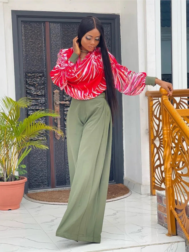 Women's Casual Suit Print  Autumn Fashion Lantern Long Sleeved Top Irregular Collar High Waist Wide Leg Women Long Pants Set