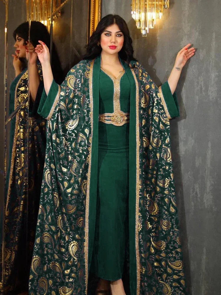 Abaya For Women Eid Dress 2 Piece Set Belted Abayas Kaftan Cardigan Long Robe
