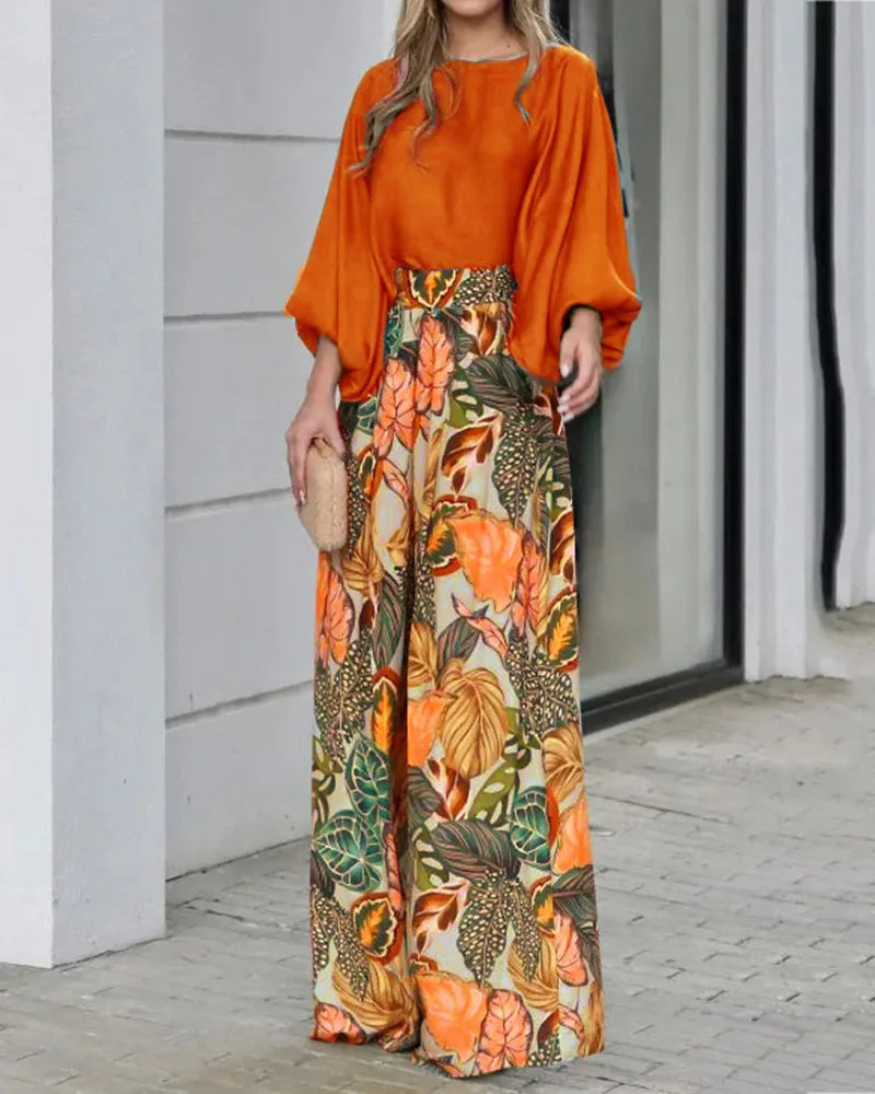 Summer Elegant Women's Leisure Fashion Set  Women's New Lantern Sleeves Loose Solid Tops Printed Wide Legs 2 Piece Set S-3XL