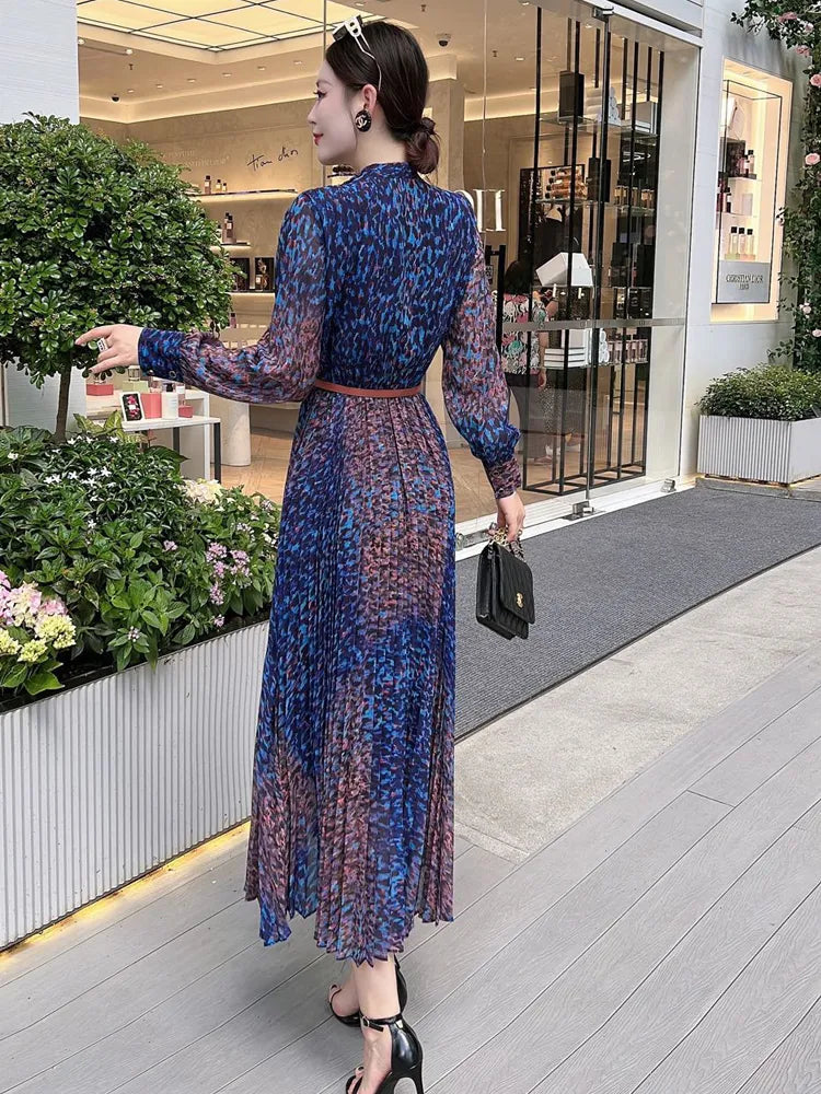 Runway Leopard Print Long Pleated Dress Women  Spring Elegant Designer Long Sleeve Vintage Bohemian Holiday Vestidos