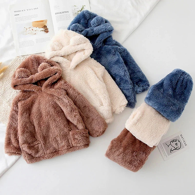 Autumn Winter Warm Plush Boys Clothing Sets Fashion Flannel Hooded Top + Pants Girls Suits Birthday Kids Clothes