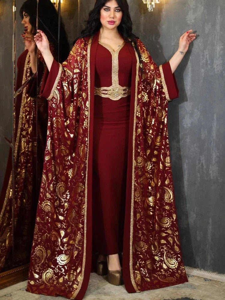 Abaya For Women Eid Dress 2 Piece Set Belted Abayas Kaftan Cardigan Long Robe