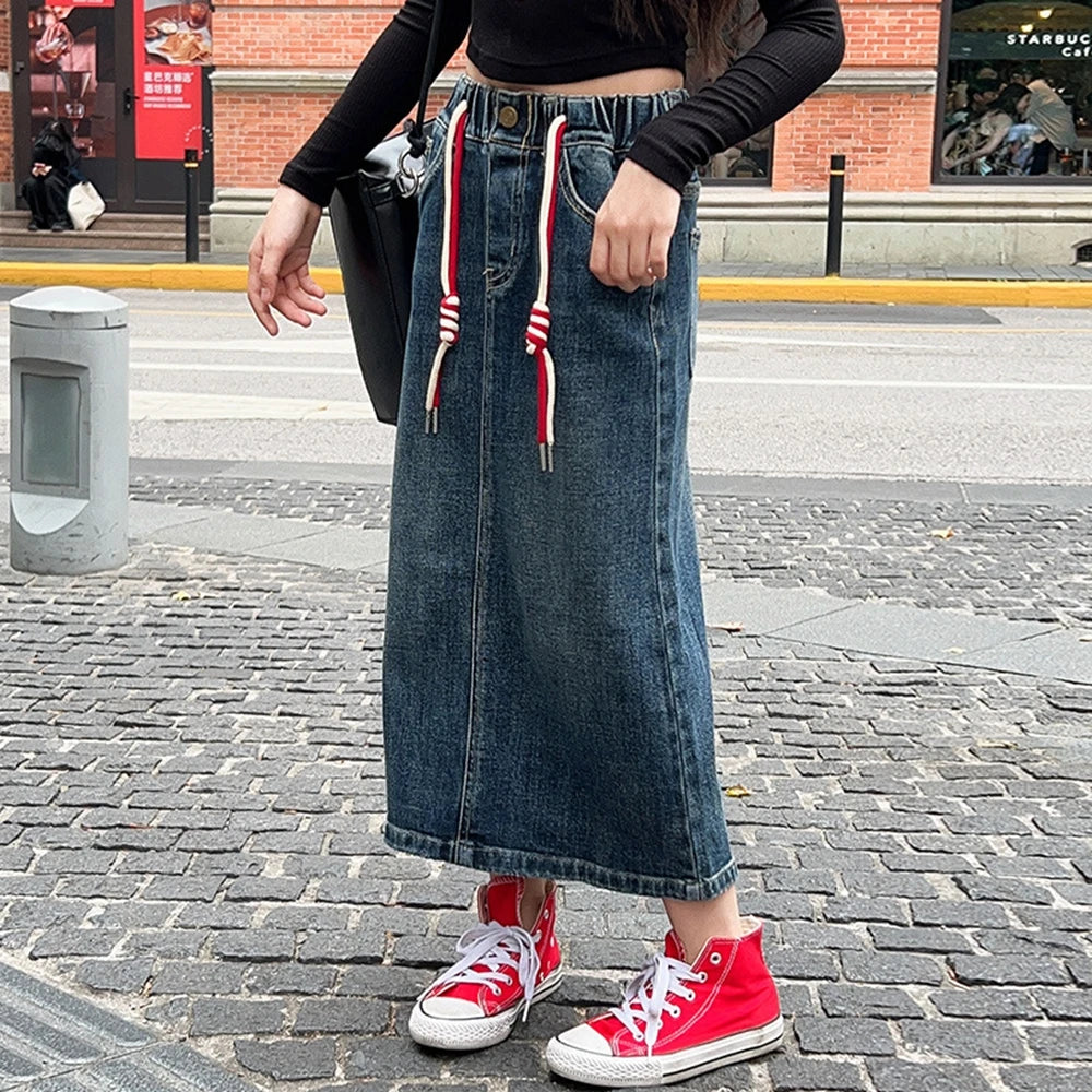 Girls Blue Skirt for Fashion All-match Teen Kids Denim Skirt Mid-length Casual School Children Costumes