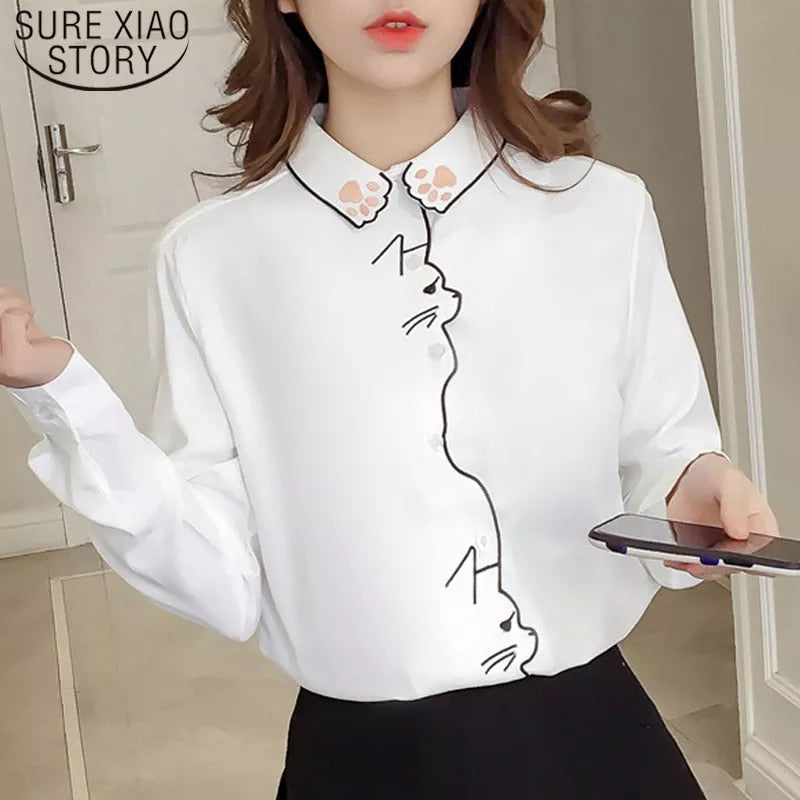 White Women Blouse Long Sleeve Cotton Embroidery Blouse Lady Casual Button Design Turn Down Collar Female Shirt