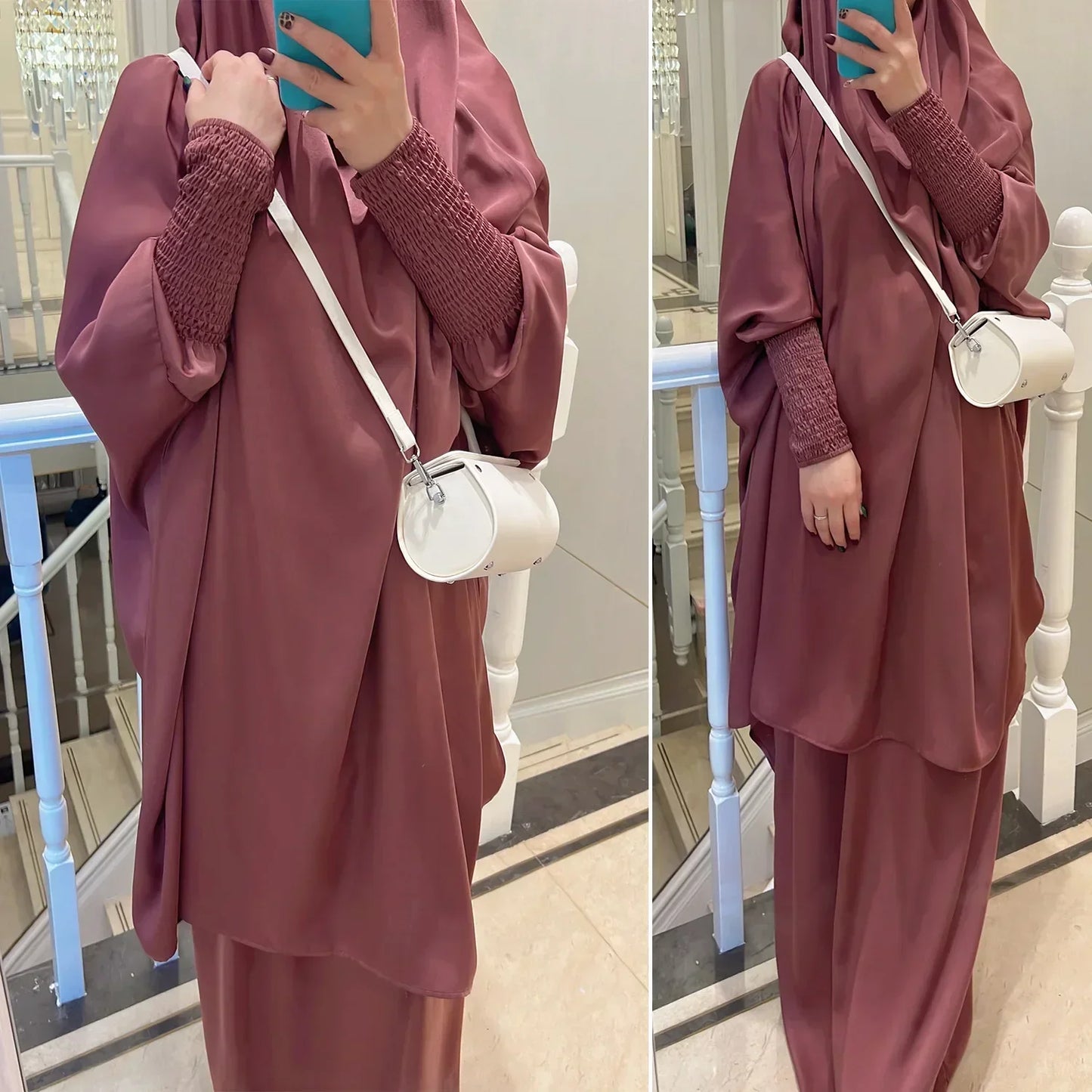 Ramadan Eid Jilbab 2 Piece Set Muslim Women Prayer Garment Abaya Dress Long Khimar Robe Niqab Islam Clothes Djellaba Burka