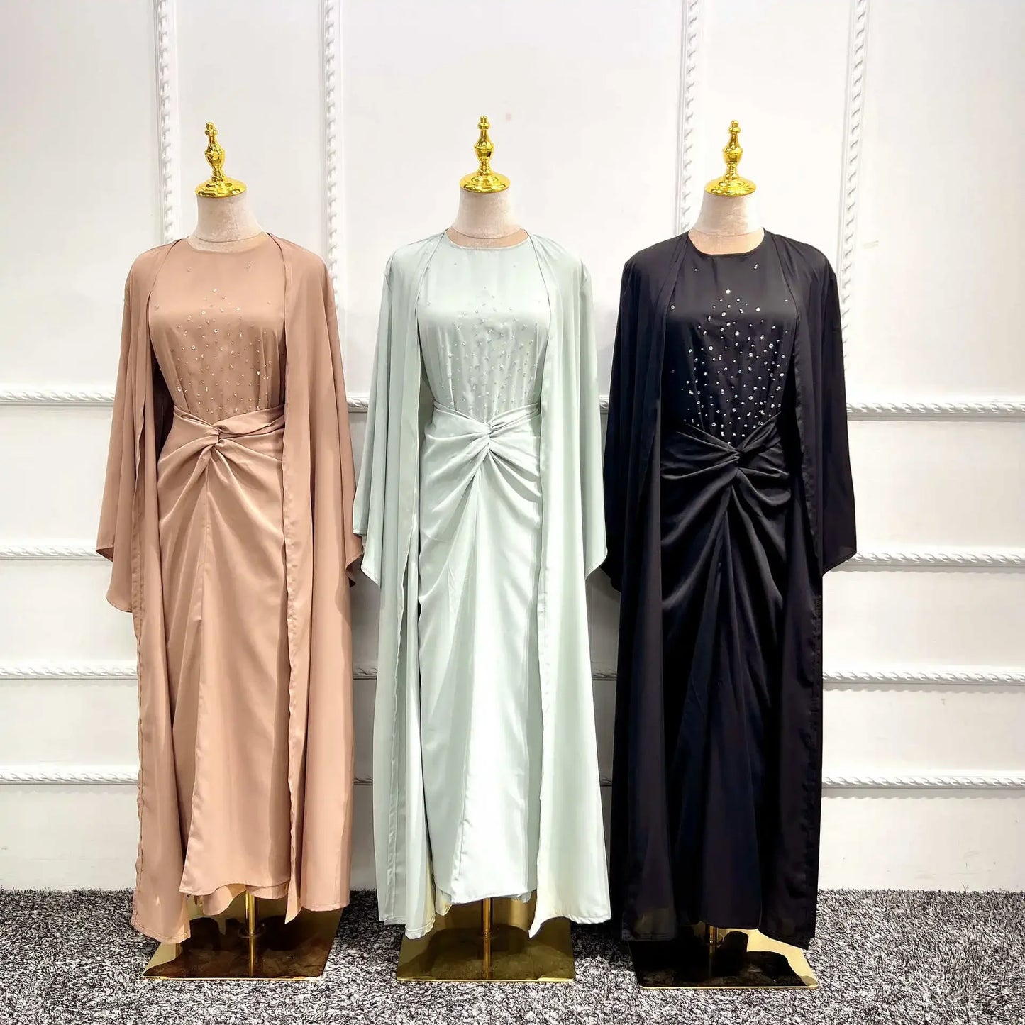 Eid 3 Piece Abaya Kimono Wrap Front Maxi Skirt Matching Set Women Muslim Hijab Dress Nida Beads Islam Outfit Kaftan
