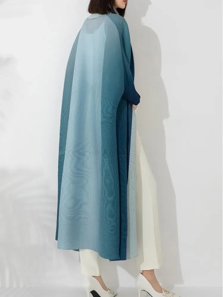 Gradient Pleated Long Trench Women Batwing Sleeves Belt Gathered Waist Windbreaker dresses for Women