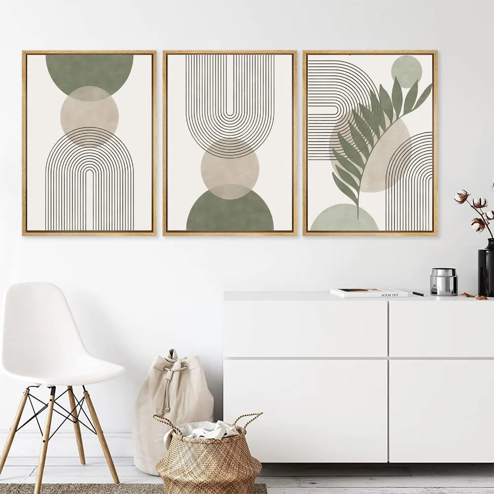Modern Abstract 3pcs Boho Poster Geometric Plant Leaf Sun Line Canvas Painting Wall Art Print Picture Living Room Interior Decor