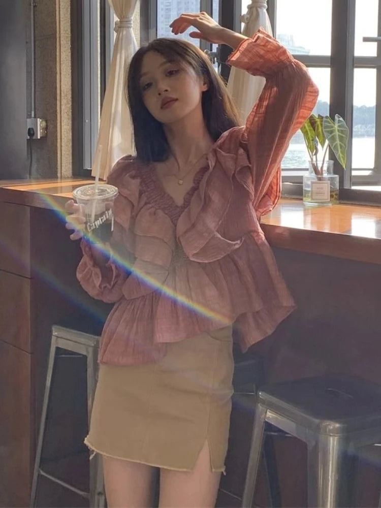 Ruffles Blouses Women Elegant Spring Chic V-neck Fashion Long Sleeved College Ins Popular Solid Simple Blusas Tops Cozy Clothing