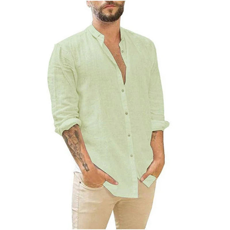 Spring Autumn Stand Collar Linen Loose Casual Shirt Male Long Sleeve Solid Color Cardigan Top Hombre Oversized All-match Blouse