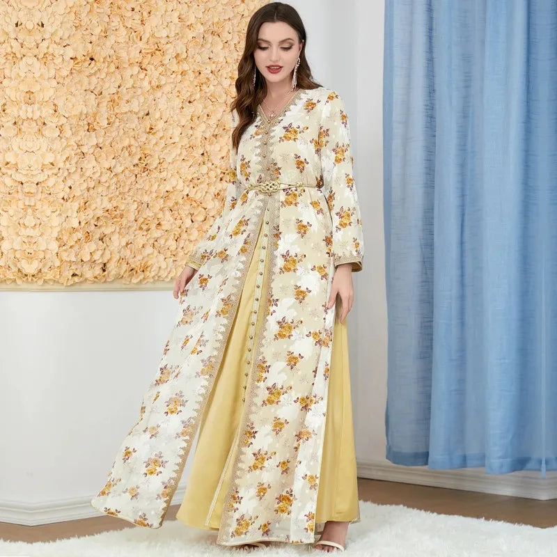 Luxury Eid Muslim Sets for Women Ramadan Arabic Embroidery Abaya Dress Islamic Jalabiya Marocain Clothes Moroccan Kaftan Robe