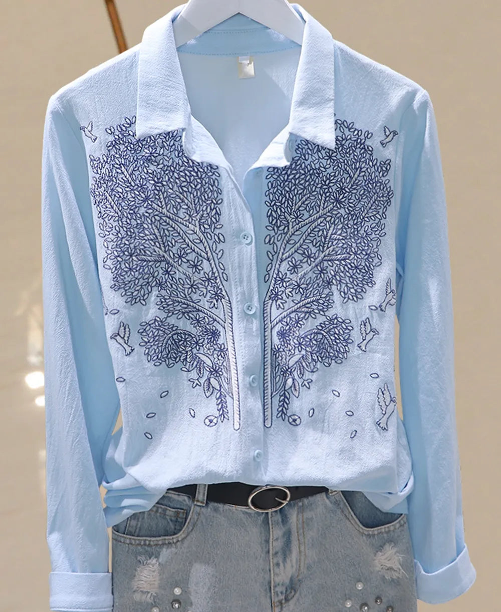 Cotton Flower Embroidery Women Shirts Blouses Fashion Long-Sleeved Solid Elegant Shirt Top Blue White