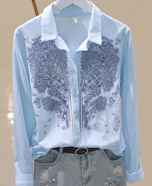 Cotton Flower Embroidery Women Shirts Blouses Fashion Long-Sleeved Solid Elegant Shirt Top Blue White
