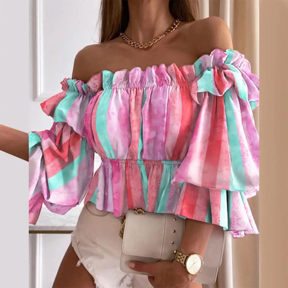 Women Blouse Flare Sleeve Shirt Colorful Multi-layer Elegant Off Shoulder Flounce Shirt Printed Pleated Ladies Ruffles Shirt