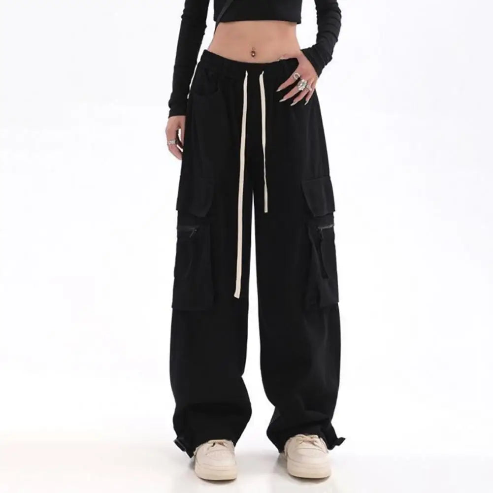 Comfortable Trousers Stylish Women's Wide Leg Cargo Pants with Elastic Waist Multi Pockets Comfortable Solid Color for Active