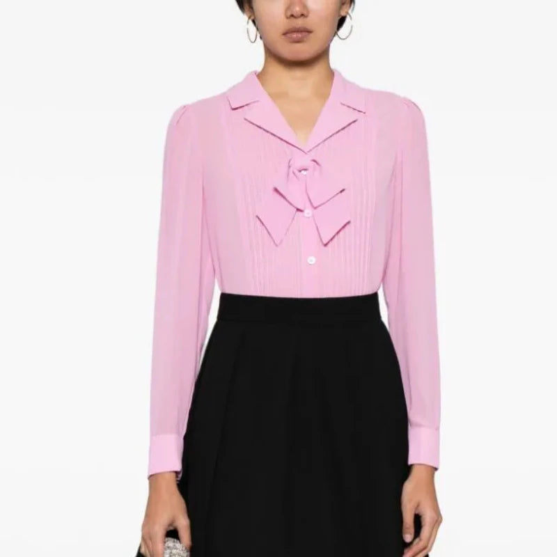 Spring Fashion Bow Decorated Lapel Chiffon Shirt Ladies