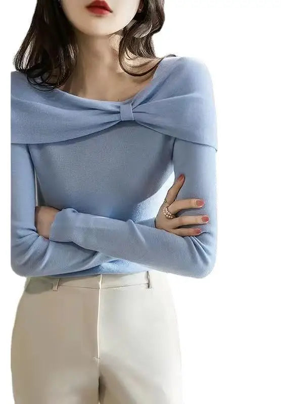 Fashion Bow Knit Sweater Women Slash Neck Long Sleeve Top Korean Womens Clothing Pullovers Sweaters Autumn Winter