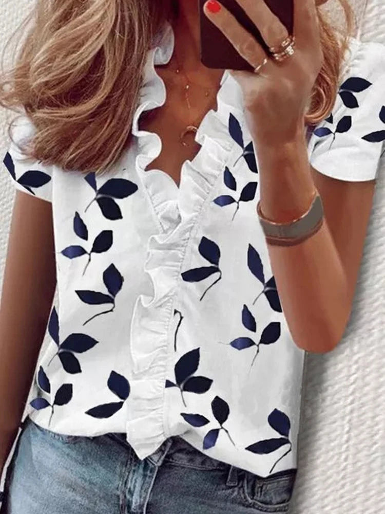 Casual Short Sleeve V Neck Ruffles Blouses Elegant Shirts Summer Vintage  Loose Tops Female Boho Tunic