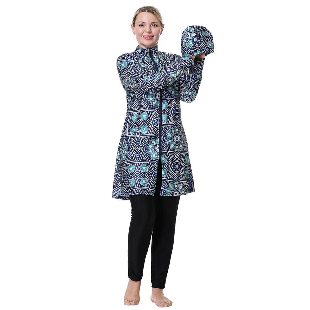 Modest Women Swimming Suit  Printing Muslim Full Cover Zipper 3pcs Hijab Long Sleeves Sport Swimwear Islamic Burkini Wear