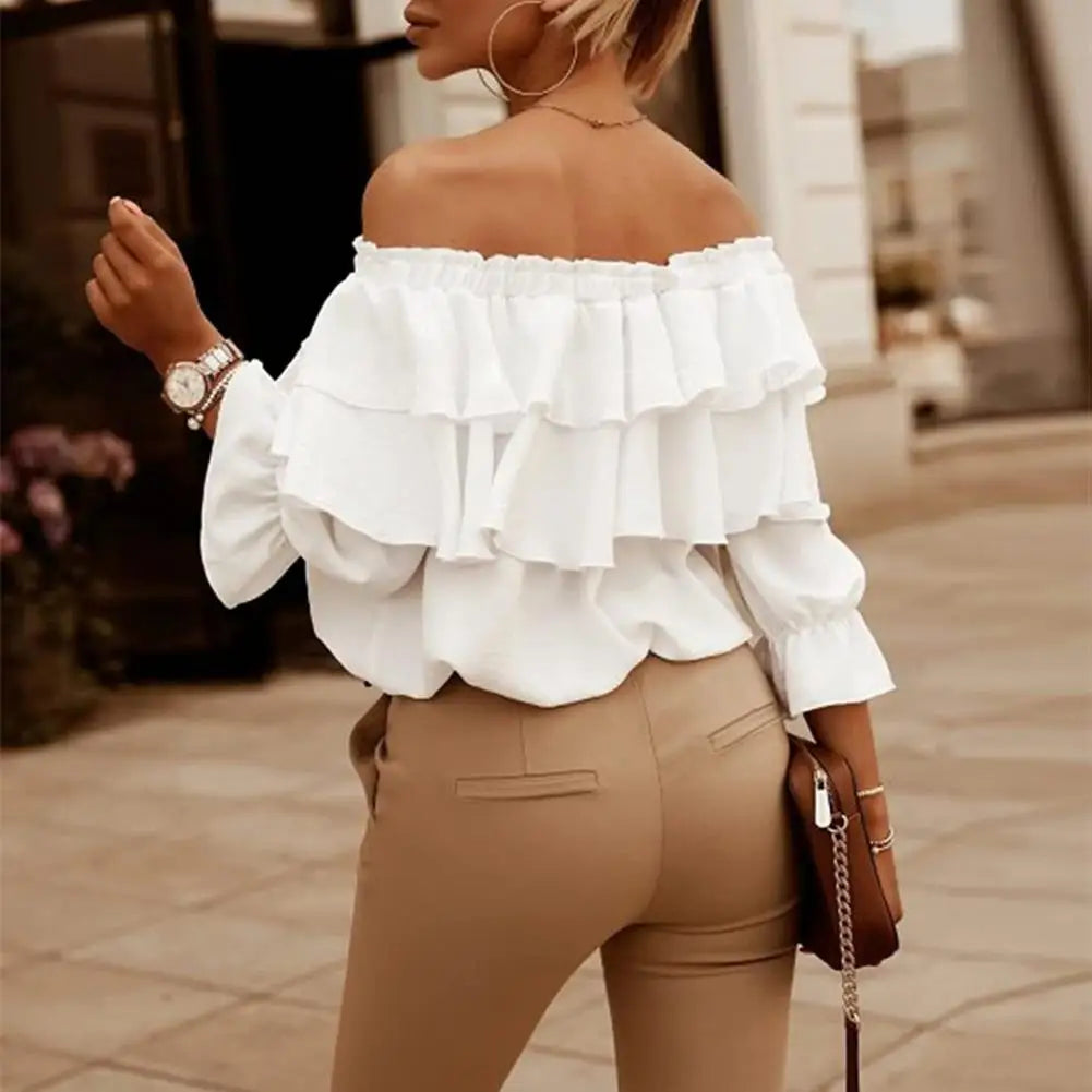 Collar Layered T-shirt Stitching Crafts Women Blouse Off Shoulder Lantern Long Sleeve Pullover Top Female Clothing