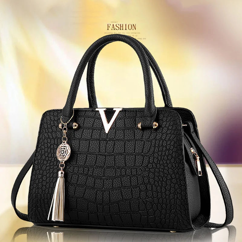 Fashion Women Handbags Tassel PU Leather Totes Bag Top-handle Embroidery Bag Shoulder Bag Lady Simple Style Crocodile pattern