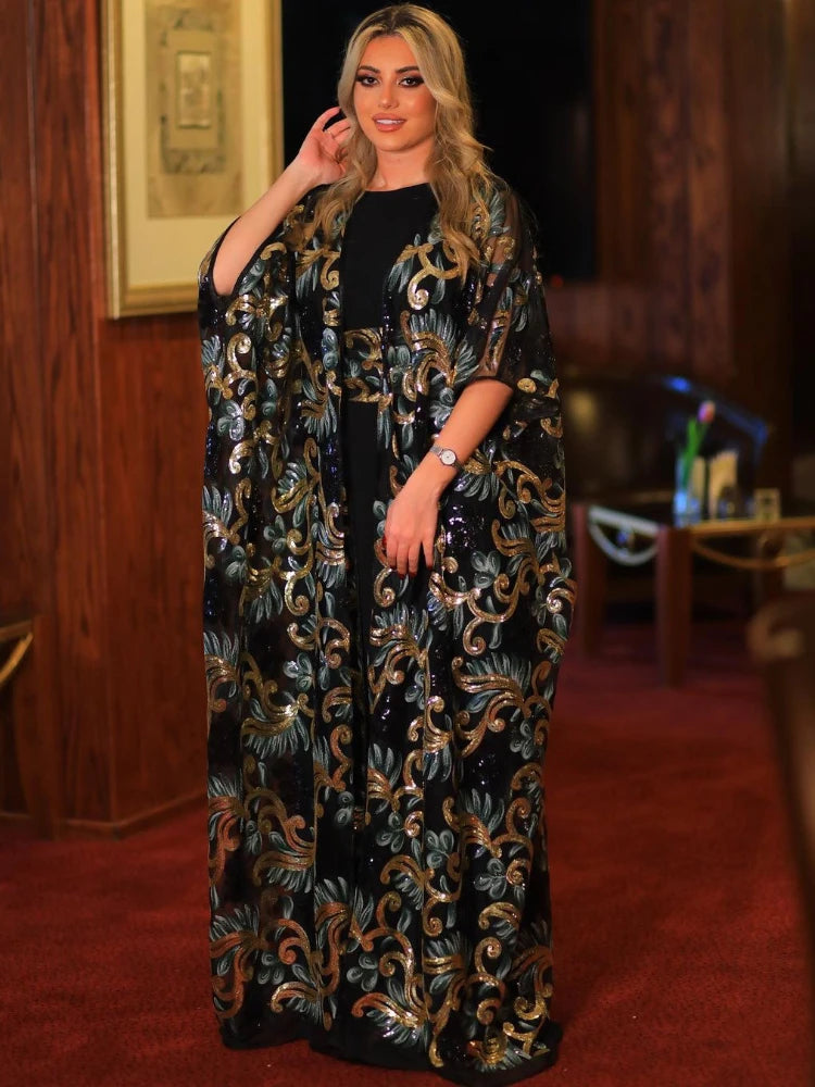 Dress for Women Sequins 3 Piece Set Abaya Belted Muslim Morocco Abayas Vestidos Largos Long Robe