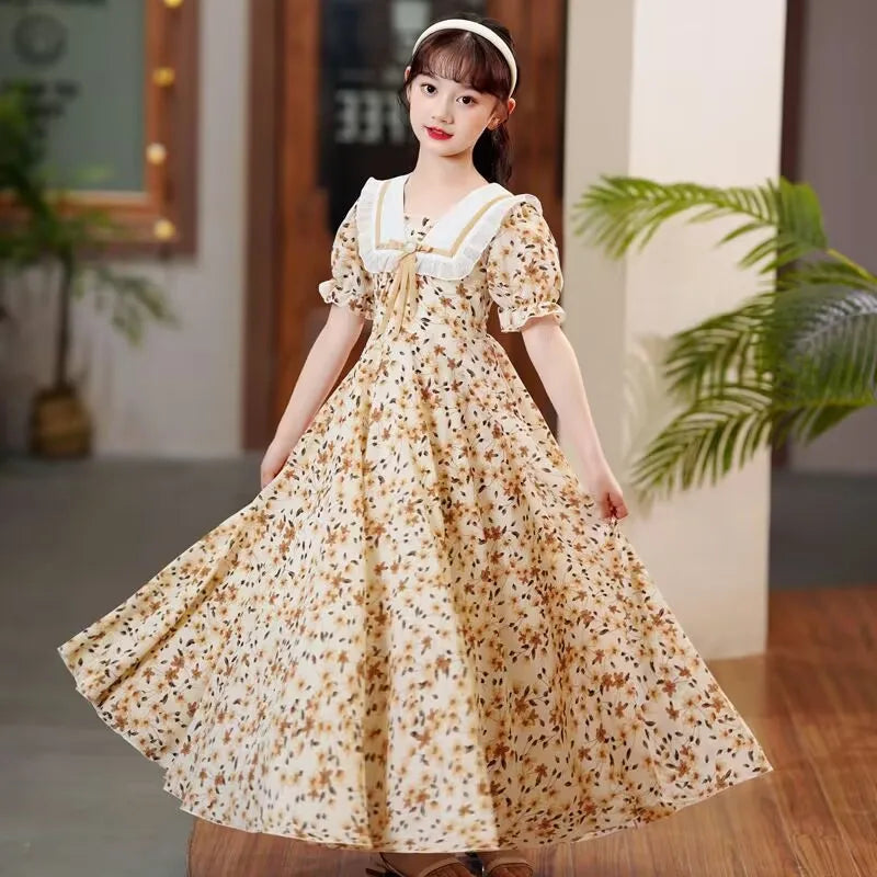 Girls Summer Elegant New Children Casual Princess Teenager floral pearl green dress