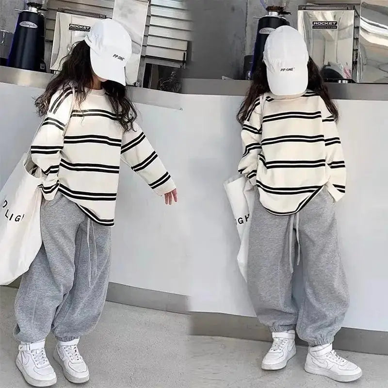 Korea Style Kids Clothes Girl 2Pcs Set Clothing Long Sleeve Striped Top+Loose Pant Outfits for Teen Girl 6 8 10 12 14 Year