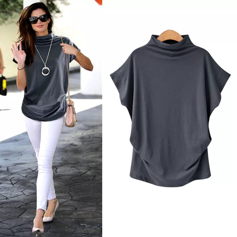 Women Tops Korean Style  Women Cotton Blouse Short Sleeve O-Neck Blouse Female Turtleneck Blouse